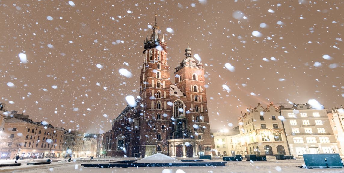 Krakow buildings in the snowfall