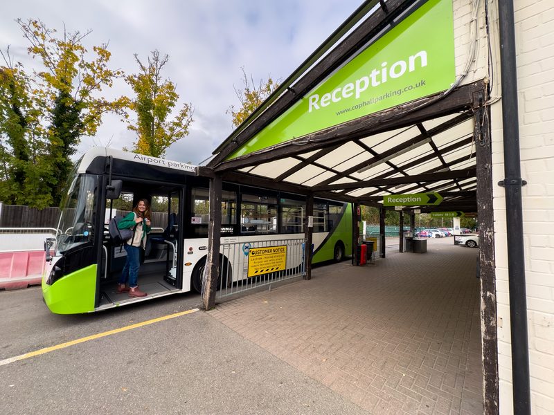 Shuttle bus outside reception at a Gatwick parking site