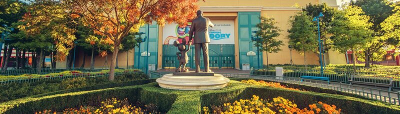 Walt Disney and Mickie Mouse statue at Disneyland.