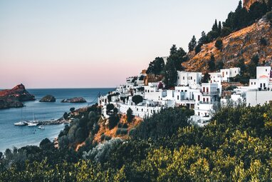 Buildings on the side of a hill in Rhodes.