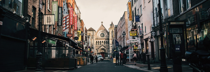 Dublin town with shops on each side.