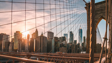 Brooklyn bridge at sunrise in New York.