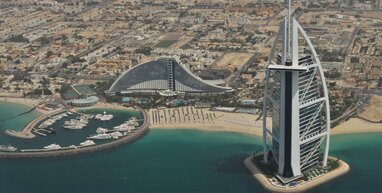 Dubai Burj Khalifa and coast.