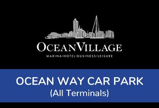 Black and White 'Ocean Village' Logo with a blue banner at the bottom with the words Ocean Way Car Park - all terminals