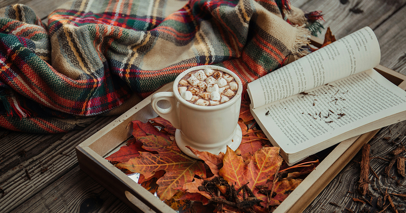 Cosy autumn scene with a mug of hot chocolate topped with marshmallows, an open book, autumn leaves, and a plaid blanket on a rustic wooden tray.