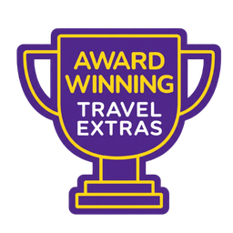 A purple trophy icon with the words 'Award-winning travel extras' nested inside