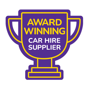 A purple trophy icon with the words 'Award-winning car hire supplier' nested inside