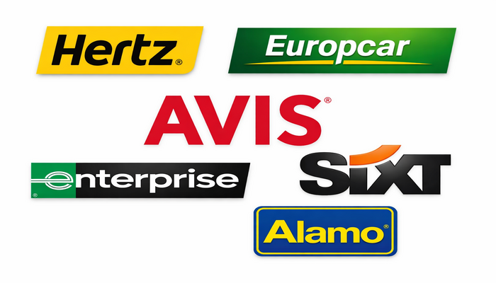 Top car hire providers brand logos: Hertz, Europcar, Avis, Sixt, Enterprise, Alamo.