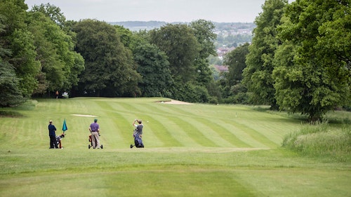 Shendish Manor Hotel - Golf course lined with trees and sand bunkers. Three men playing golf with their trolley and bag.