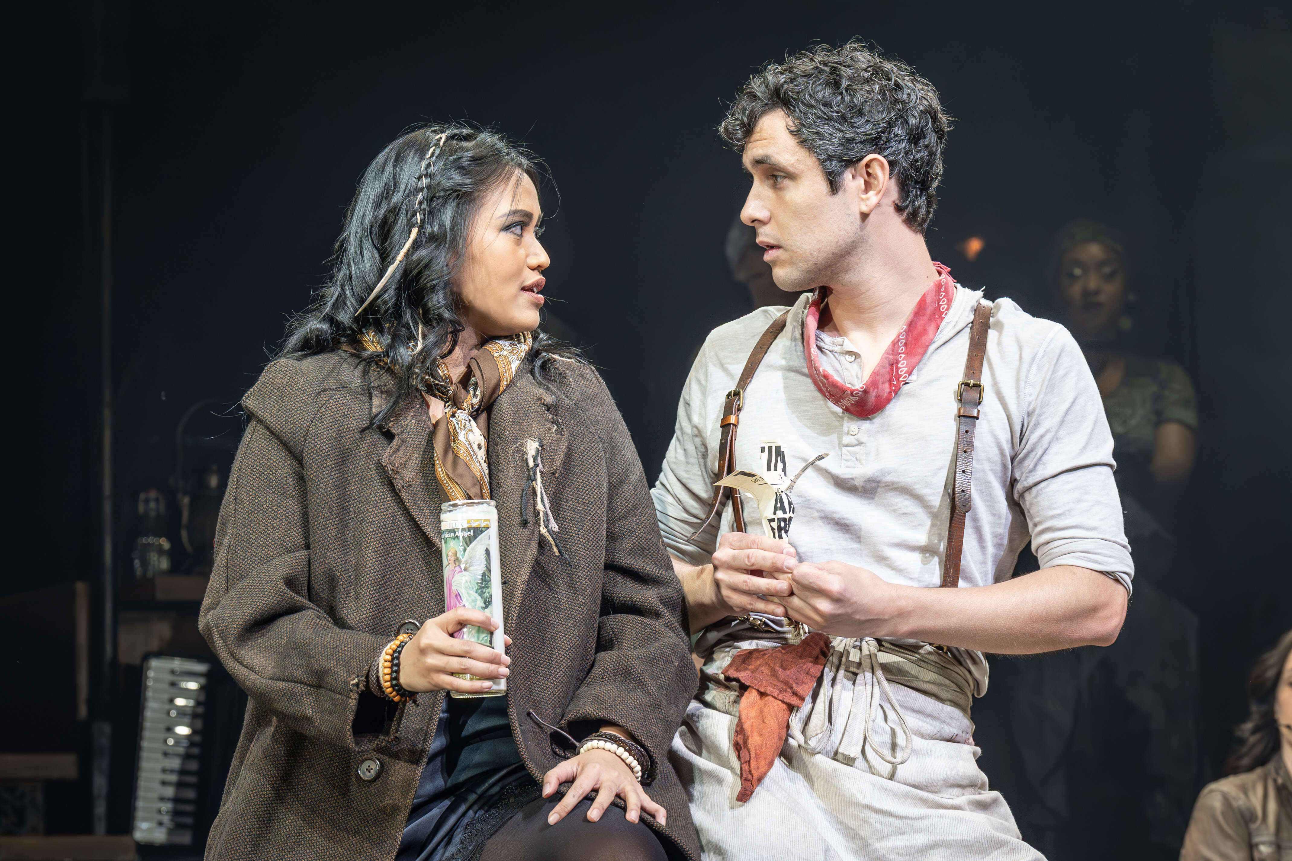 Emotional moment between Hadestown leads – photo by Marc Brenner
