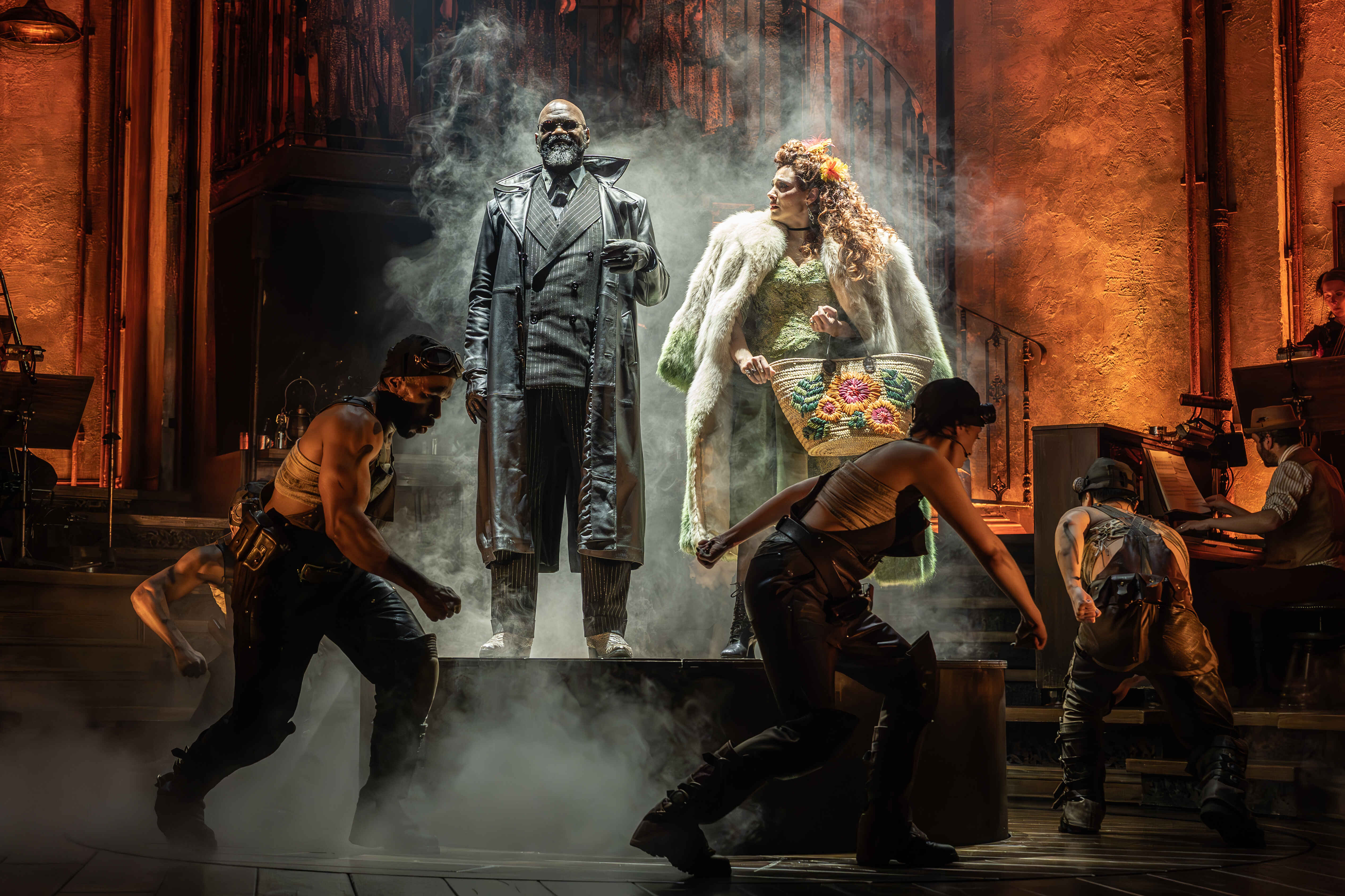 Hadestown ensemble in a lively musical number – photo by Marc Brenner