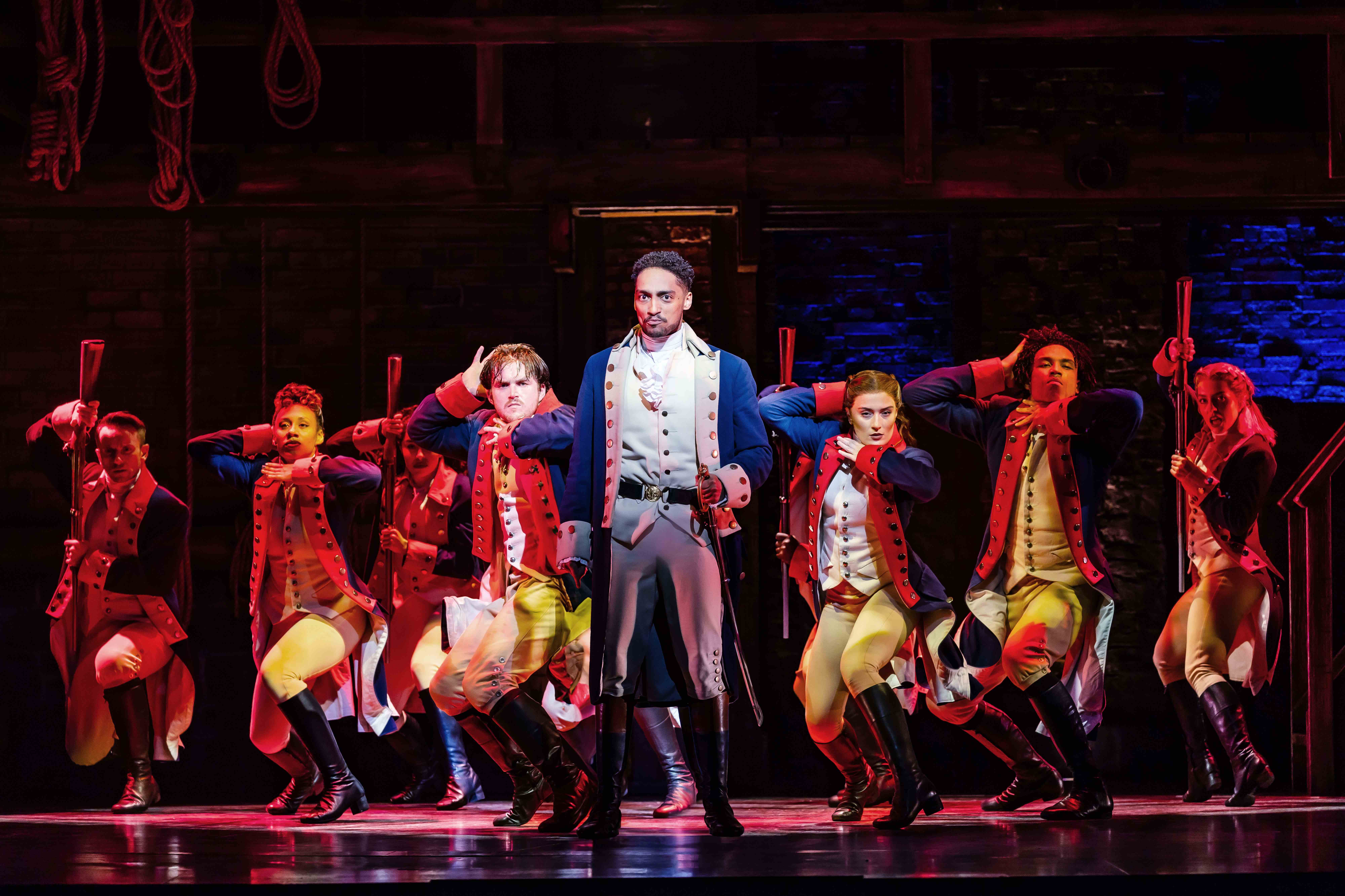 West End Theatre Packages - Vivid production stills from Hamilton The Musical, featuring key scenes and characters on stage.