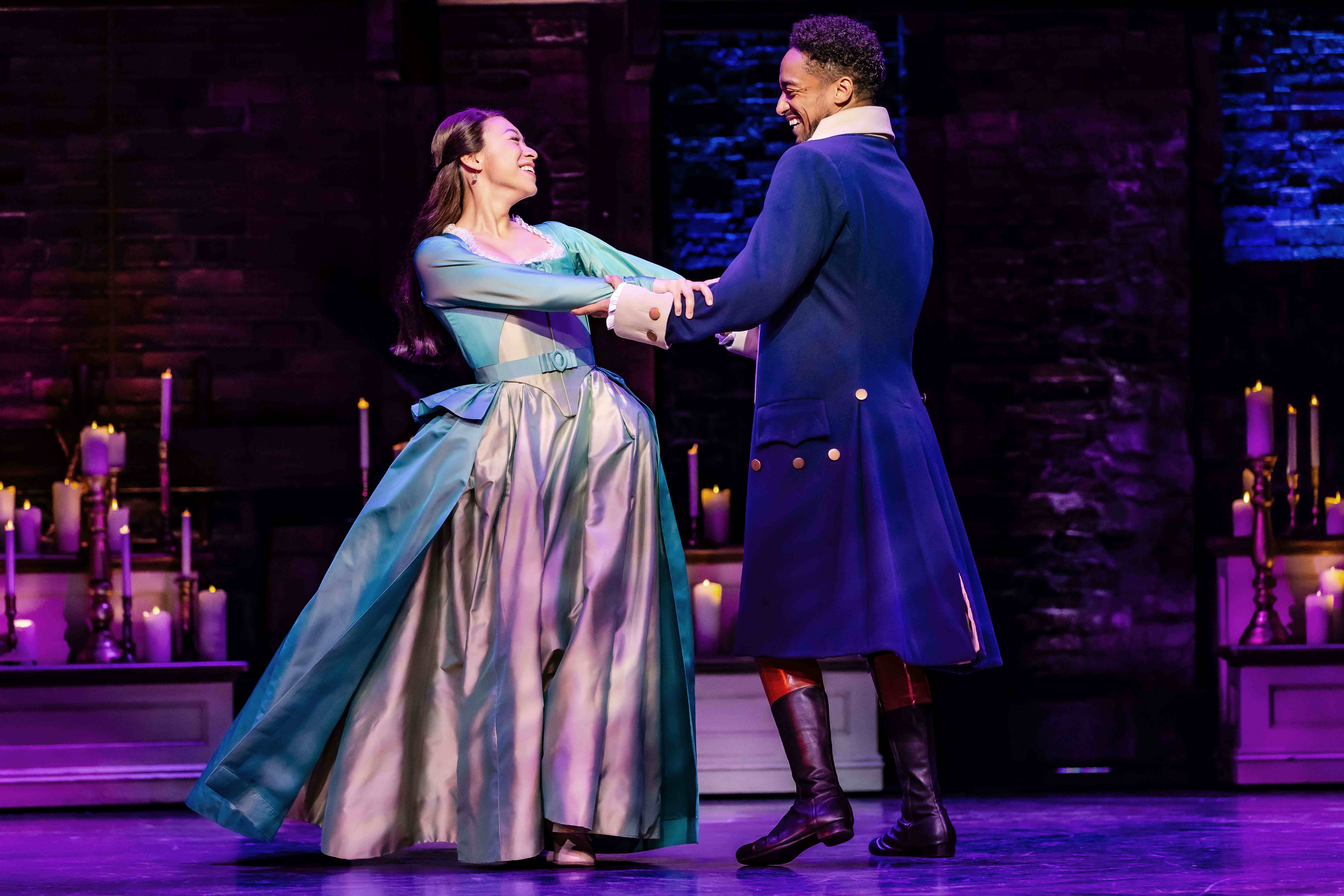 West End Theatre Packages - Vivid production stills from Hamilton The Musical, featuring key scenes and characters on stage.
