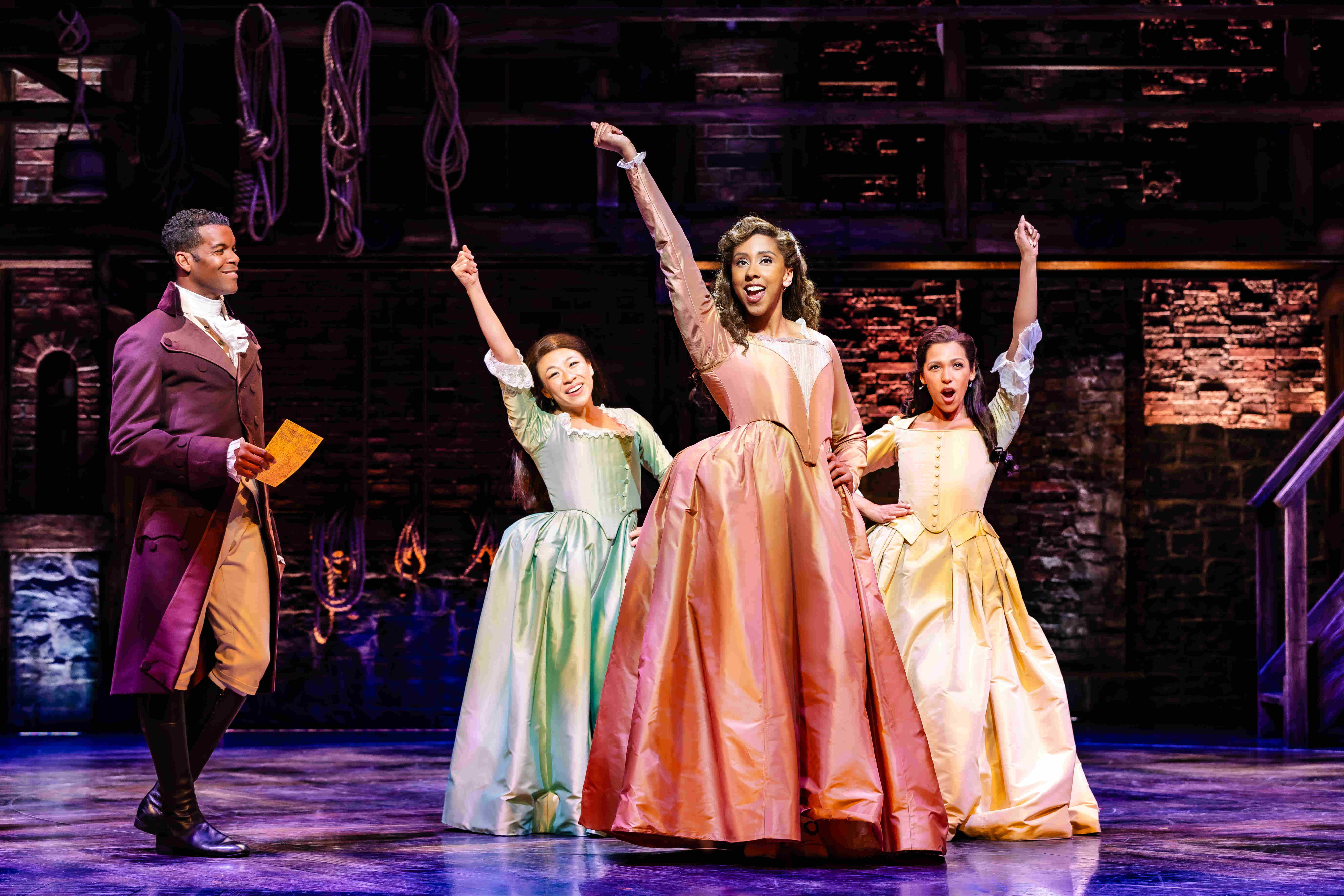 West End Theatre Packages - Vivid production stills from Hamilton The Musical, featuring key scenes and characters on stage.