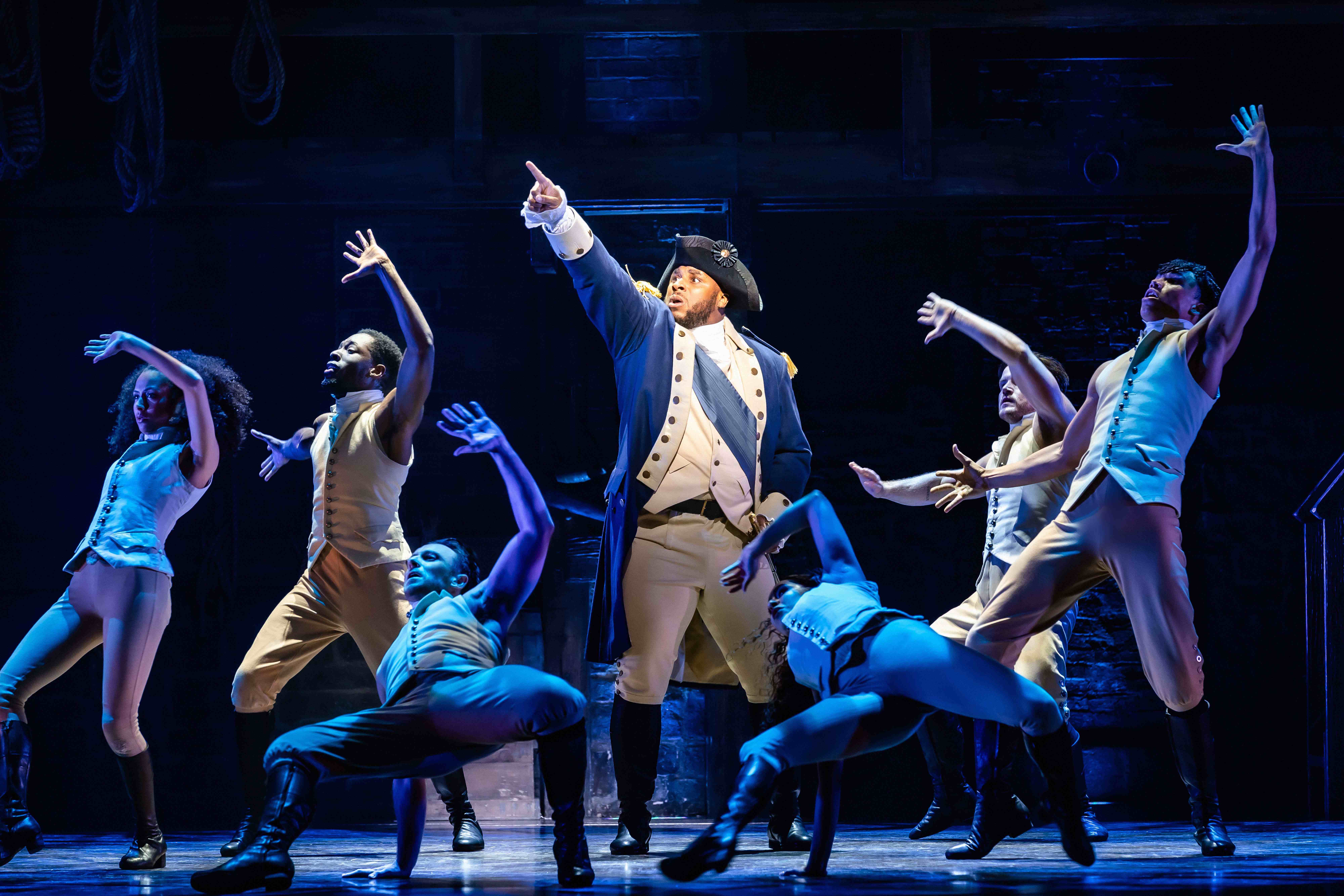West End Theatre Packages - Vivid production stills from Hamilton The Musical, featuring key scenes and characters on stage.