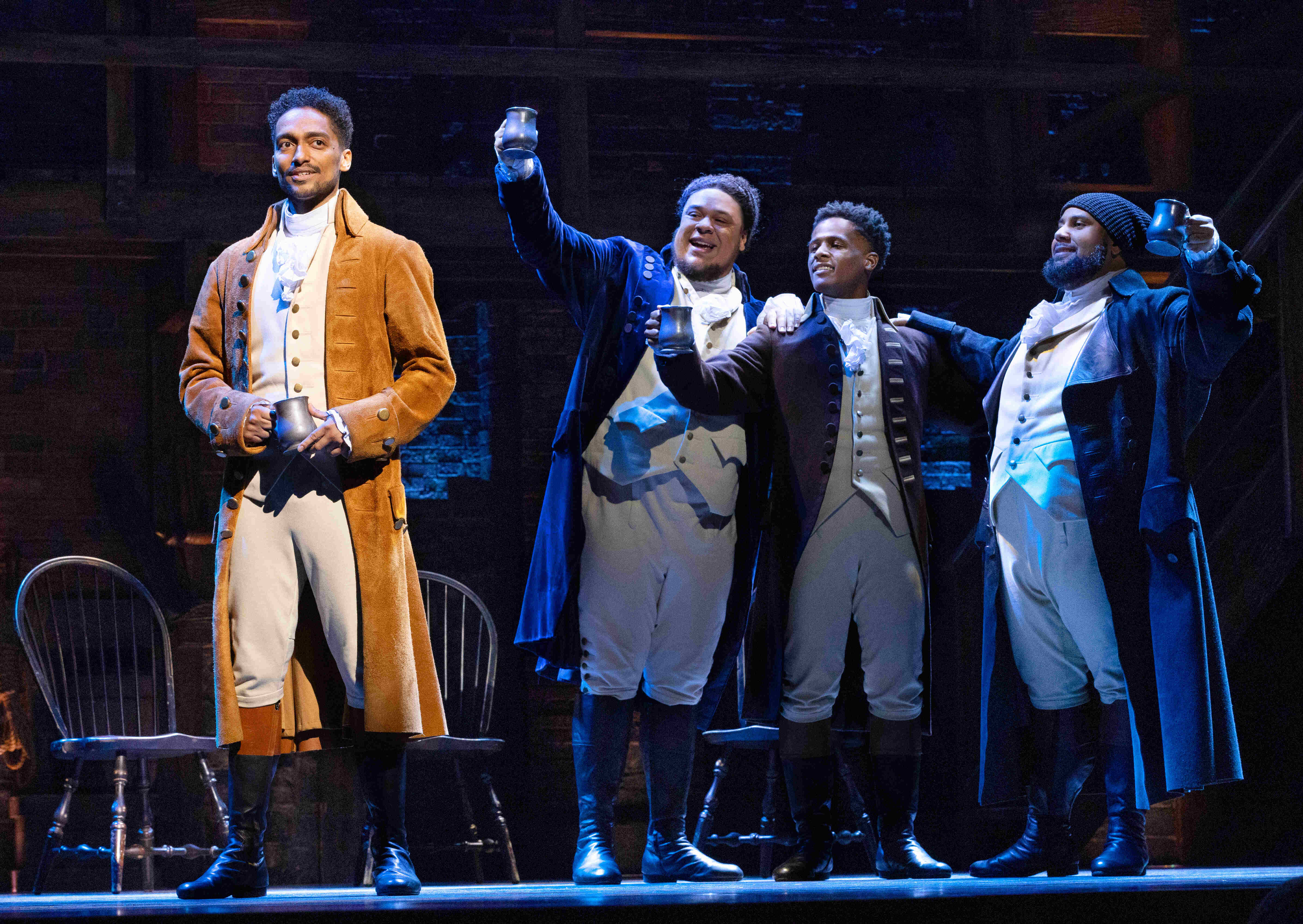 West End Theatre Packages - Vivid production stills from Hamilton The Musical, featuring key scenes and characters on stage.