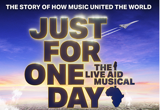 Just For One Day title with golden yellow glow behind the writing. Pretty blue and pink sky background.