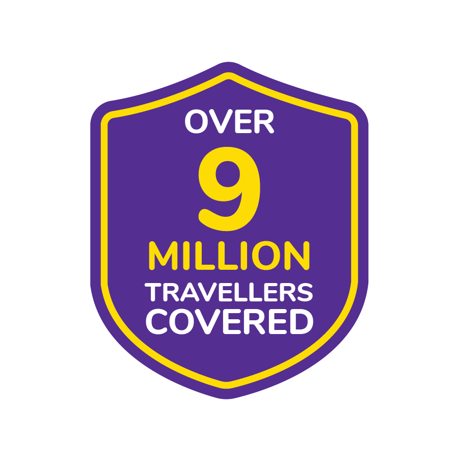 Badge with text 'Over 9 Million Travellers Covered' in yellow and white on a purple background with a yellow border.