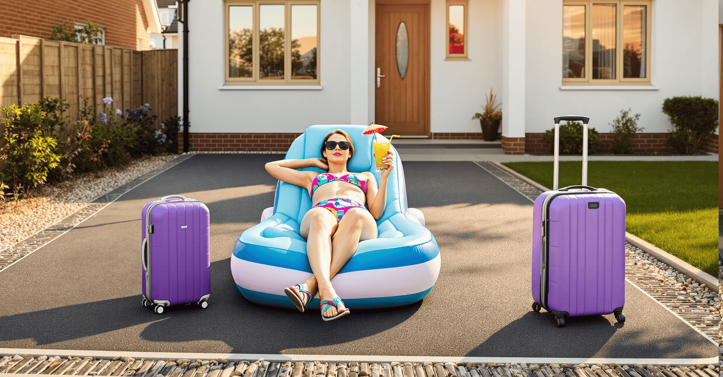 Woman in a colorful bikini lounging on a rainbow inflatable with a cocktail, relaxing on a driveway next to a purple suitcase outside a suburban house.