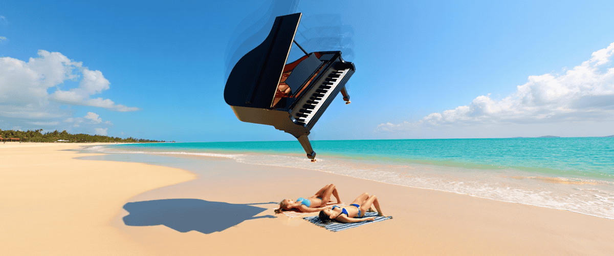 Two women sunbathing on a tropical beach as a grand piano dramatically falls from the sky above—surreal travel insurance concept.