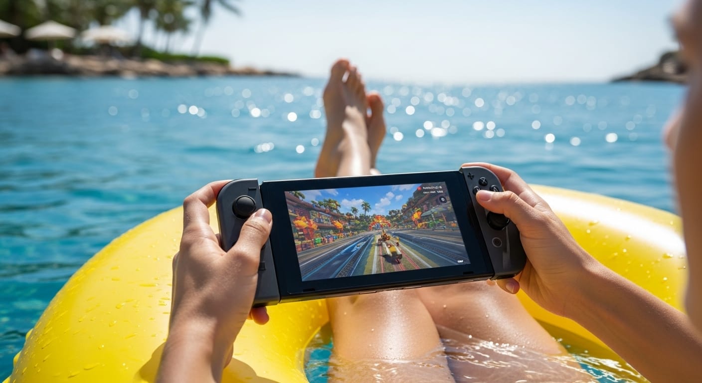 Person playing a racing game on a Nintendo Switch while relaxing on a yellow pool float in clear tropical water — summer gaming by the beach.