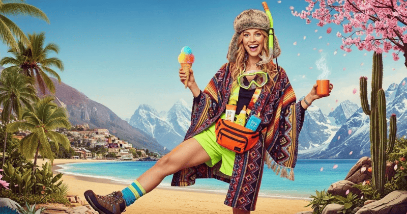 Cheerful woman in mixed travel gear holding ice cream and coffee, dressed for all climates on a surreal beach with mountains, palm trees, and snow.