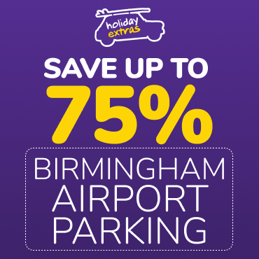 A Purple square reading Save Up To 75% Birmingham Airport Parking and with the Holiday Extras logo featured in the outline of a car with a surfboard on the roof