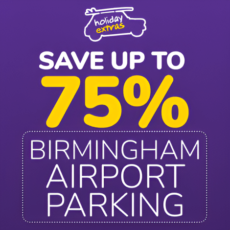 A Purple banner reading Save Up To 75% Birmingham Airport Parking and with the Holiday Extras logo featured in the outline of a car with a surfboard on the roof