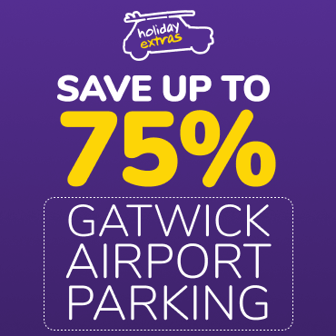 Gatwick Airport Parking Holiday Extras 75% Savings message - a purple square with the outline of a car at the top, the car has a surfboard on the roofrack. The words read Save Up To 75% Gatwick Airport Parking