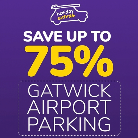 Gatwick Airport Parking Holiday Extras 75% Savings message - a purple square with the outline of a car at the top, the car has a surfboard on the roofrack. The words read Save Up To 75% Gatwick Airport Parking
