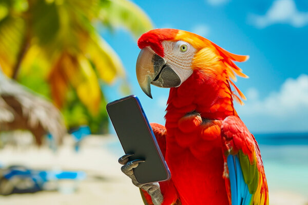 Tropical Parrot on a glorious, sunny beach, clasping a mobile phone