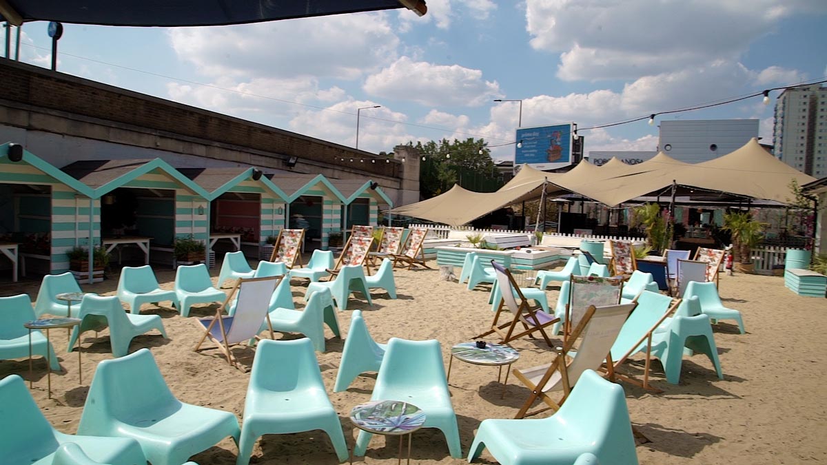 sandy beach at Neverland Beach Club Fulham