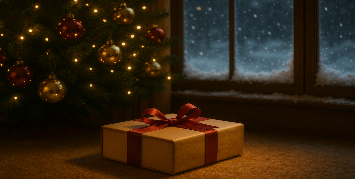 A wrapped gift box with a red ribbon sits under a glowing Christmas tree beside a frosted window, with snow falling softly outside.