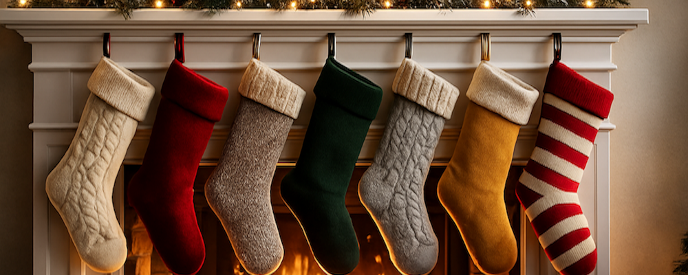 A row of colourful Christmas stockings hanging from a white mantel decorated with garland, above a glowing fireplace.