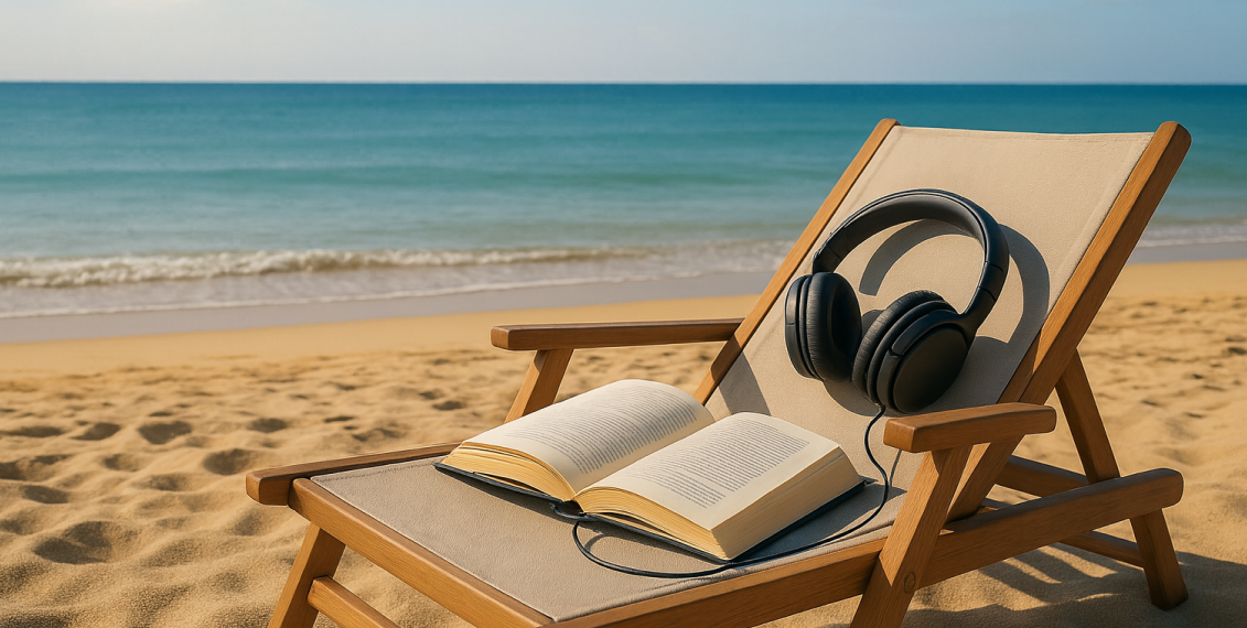 A wooden deck chair on a sandy beach facing the calm ocean, with an open book resting on the seat and black headphones placed on top.