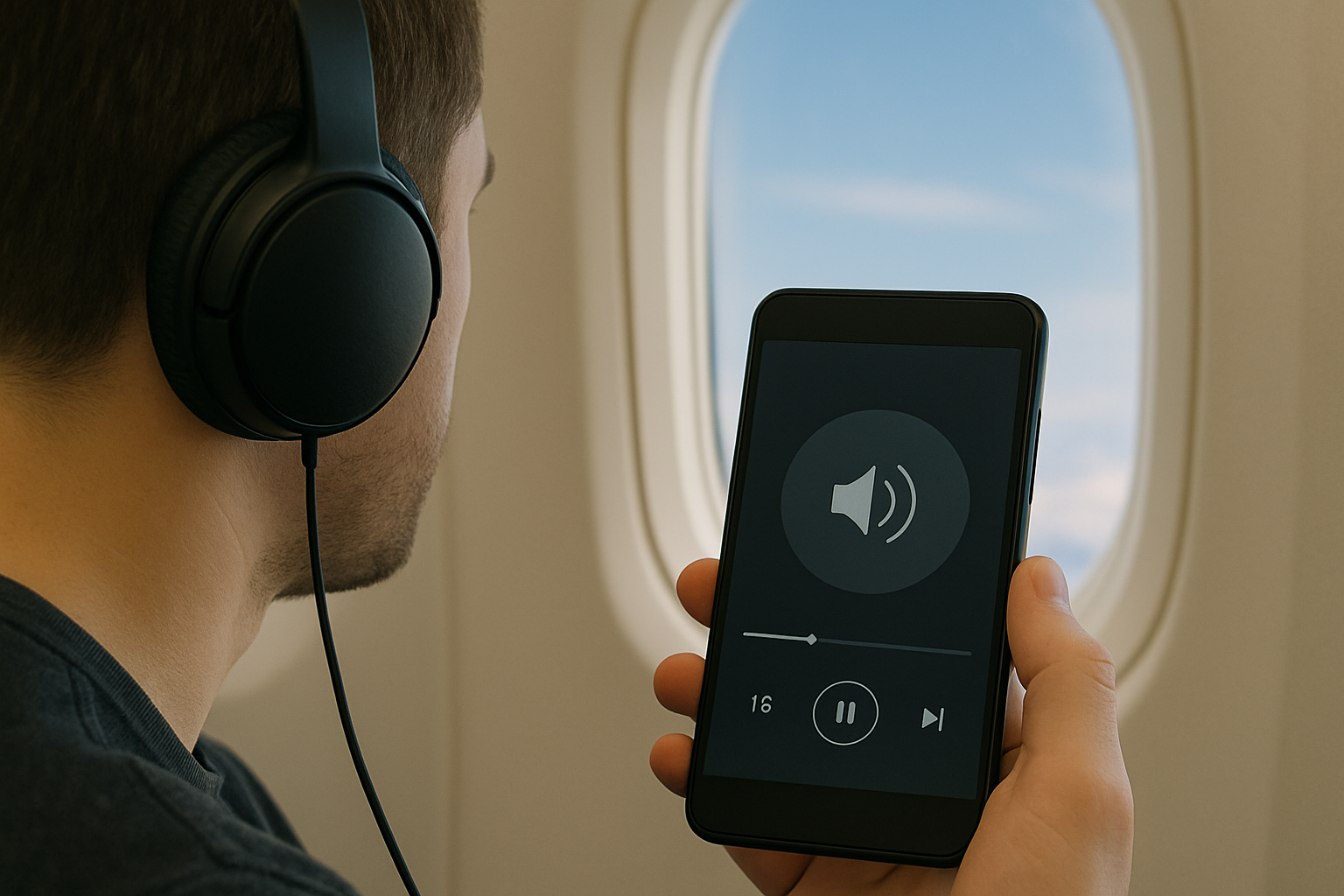 Man wearing headphones on an airplane, holding a smartphone with a media player screen — listening to audio during a flight with sky visible through the window.