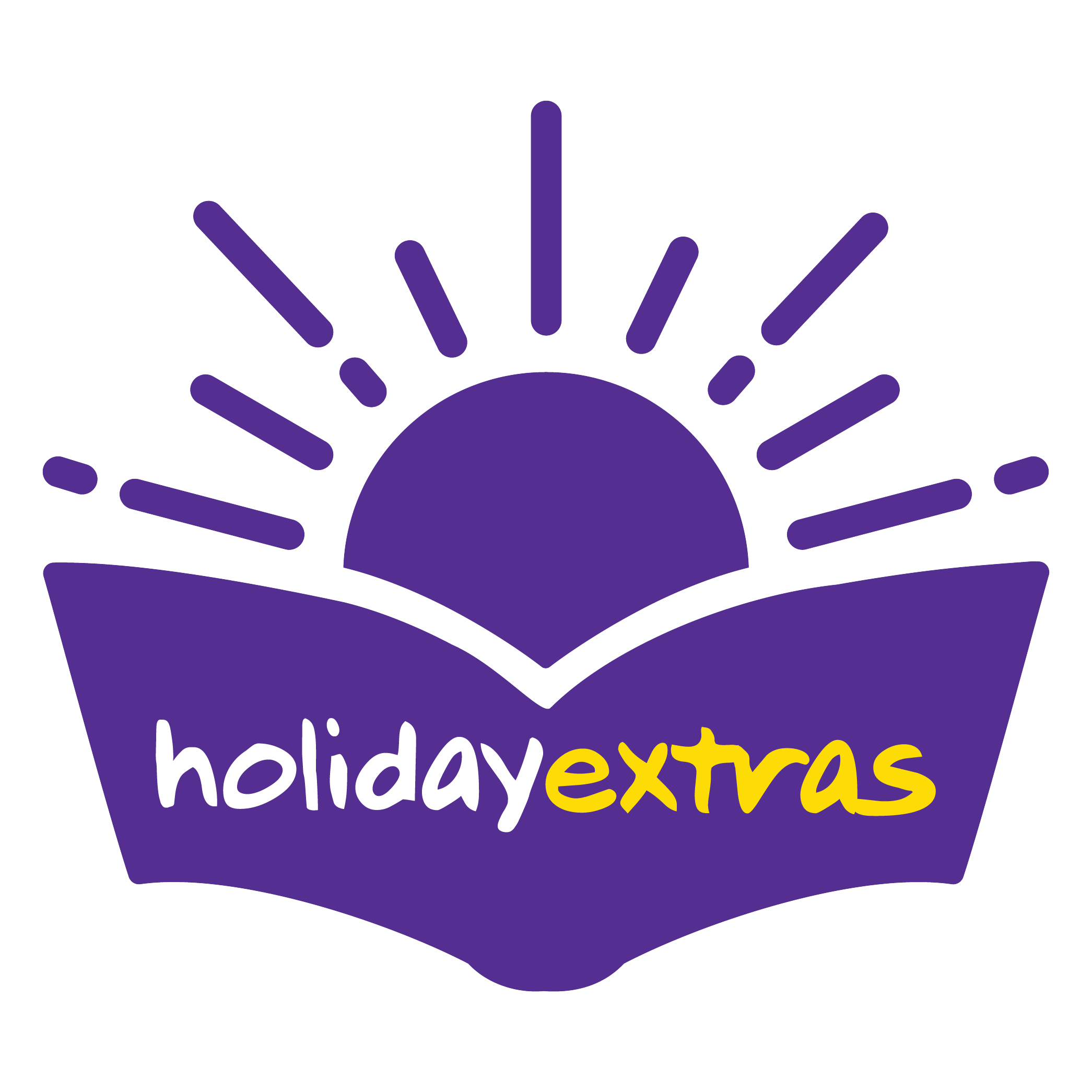 Holiday Extras logo with a stylized purple sun rising over an open book shape, featuring 