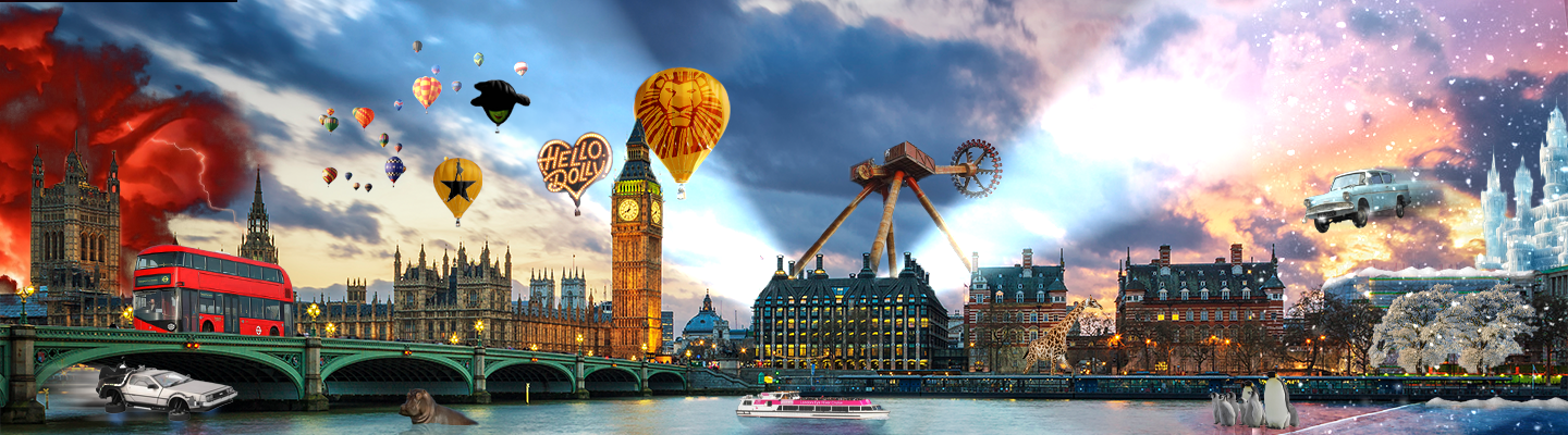 A montage of different UK attractions set against London background