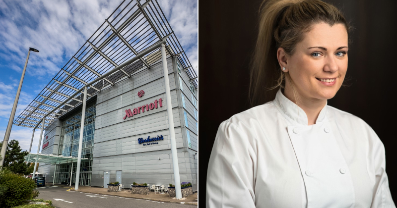 London Heathrow Marriott Hotel exterior with glass façade and signage, alongside portrait of Executive Chef Anna Pazdera in white uniform.