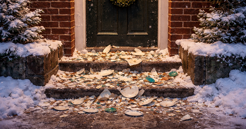 Close-up of smashed plates on snowy steps outside a brick house — New Year tradition of throwing dishes in Denmark for good luck.