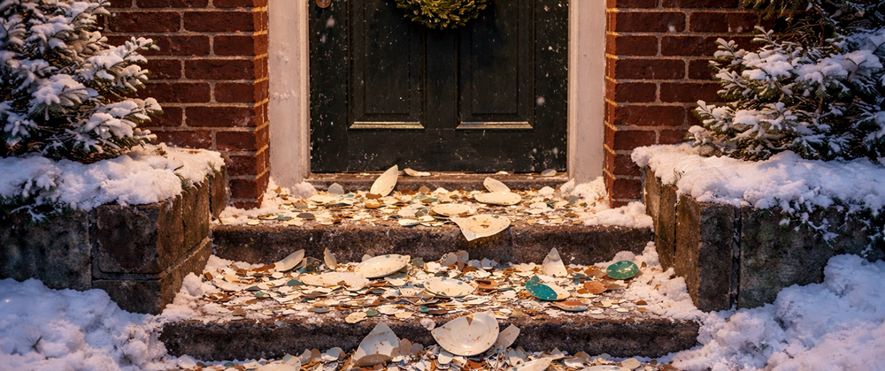 Broken ceramic dishes scattered on snowy front steps outside a home — traditional Danish New Year's Eve custom of plate smashing.