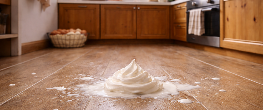Spilled swirl of soft serve ice cream on a wooden kitchen floor — food accident in a cozy home kitchen setting.