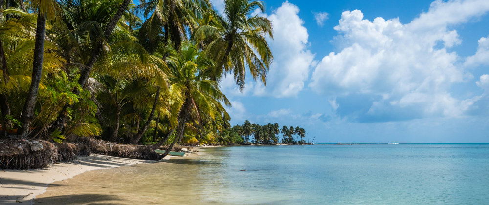 Tropical beach in Nicaragua with leaning palm trees, soft white sand, and calm turquoise ocean under a bright blue sky with scattered clouds – Cayo Crawl, Laguna de Perlas.