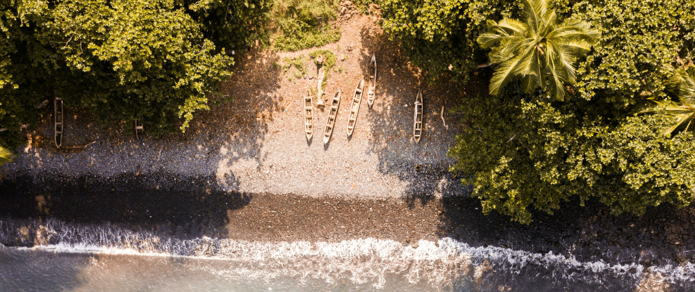 Aerial view of wooden canoes on a pebble beach lined with lush tropical forest and palm trees, beside gentle ocean waves – remote coastal nature scene.