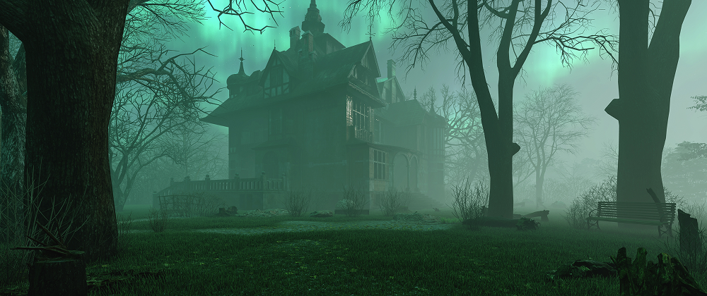 Spooky Victorian-style mansion with glowing windows, surrounded by bare trees under a moonlit sky — perfect setting for a haunted house or ghost story.
