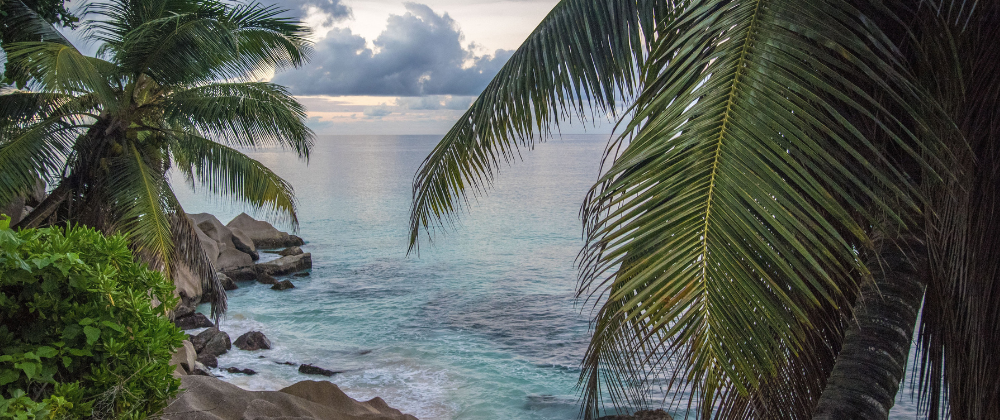 Palm trees frame a tranquil tropical coastline, where turquoise waves wash against smooth granite boulders beneath a cloudy sky.