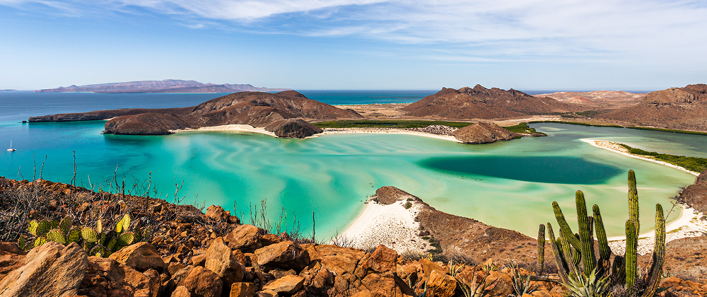 Aerial view of Balandra Beach in Baja California Sur with turquoise waters, sandbars, and desert landscape — iconic Mexican coastal destination.