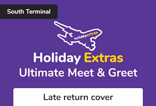 Holiday Extras Ultimate Meet & Greet South Gatwick Airport car park logo with text Late Return Cover
