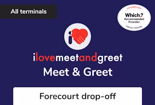 I Love Meet & Greet Gatwick Airport car park logo with text Forecourt Drop-Off, Which? Recommended Provider, and a heart-shaped icon