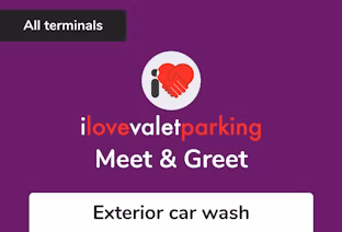 I Love Valet Parking + Car Wash Gatwick Airport car park logo with text Exterior Car Wash, showing a heart icon